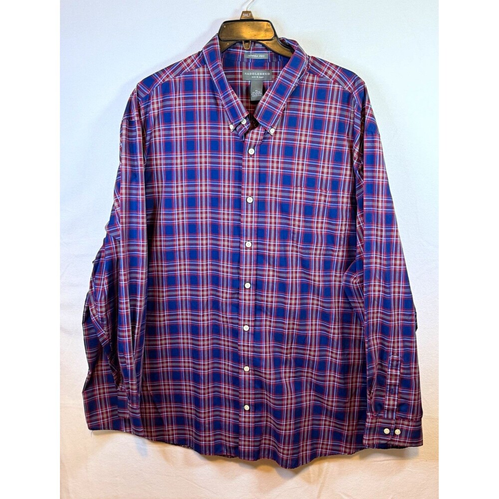 Saddlebred Men's 4XL Big & Tall Blue/Red/White Plaid Button-Down LS Shirt